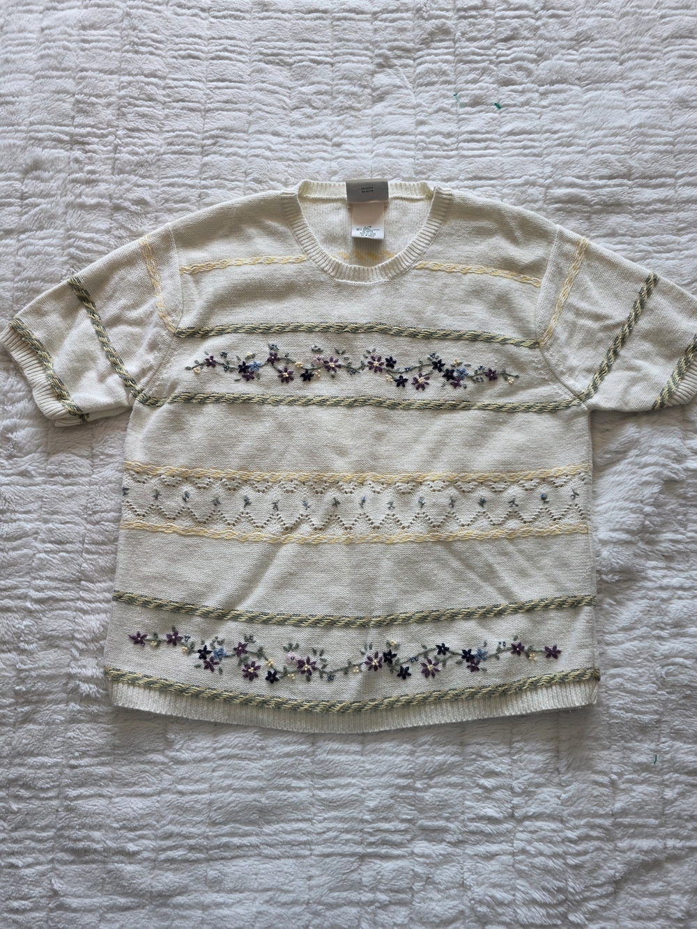 Northern Reflections Cream Short-Sleeve Floral Embroidered Knit Top